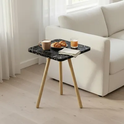 Produktbild von Carenza Home Beistelltisch Schwarz Marmor Optik 34x45 cm Holzbeine Sofatisch Couchtisch Nachttisch