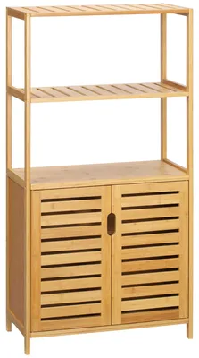 Produktbild von Badezimmerschrank, Badezimmerkommode mit Lamellentüren, Badregal, Bambusholz, Naturholz
