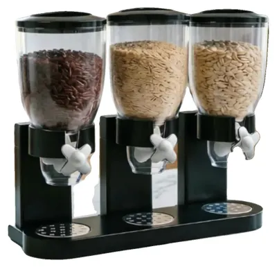 Productafbeelding van Muesli-dispenser, 3 compartimenten, elk met een inhoud van 2 liter, afmetingen 44x16x35 cm, zwart en transparant, gemaakt van duurzaam ABS, PET en TPR materiaal