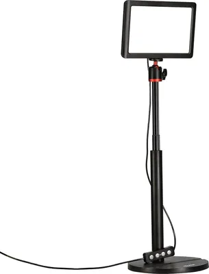 A black LED video light with a red accent on a stand, isolated on a white background.