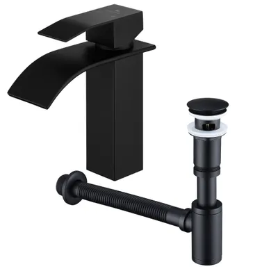 A black waterfall-style faucet with a pop-up drain assembly and flexible hose, presented against a white background.