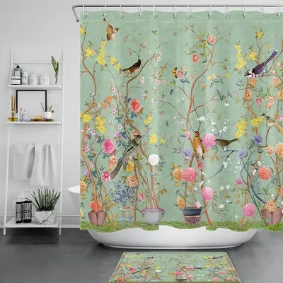 Produktbild von Bunter Duschvorhang mit Blumen und Vögeln – Wasserdichter Polyester-Stoff, langlebig, inkl. Haken, 72x72 Zoll für Badezimmerdekoration.