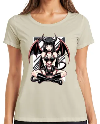 Immagine prodotto di T-shirt da donna con stampa "Succubus", stile gotico, con dettagli in pelle, raffigurante un demone, una waifu (personaggio femminile idealizzato), taglia XXL. Motivo: natura