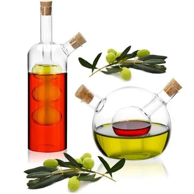 Productafbeelding van 2-in-1 set voor het doseren van olie en azijn met afdichting - 2-in-1 fles voor olie en azijn met afdichting - Glazen container om bij te vullen - Glazen flessen met injectie en 2 openingen - Glazen karaf
