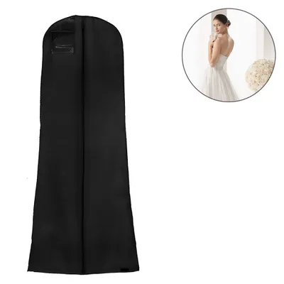 A black garment bag is shown on the left, and a circular inset on the right features a bride in a wedding dress.