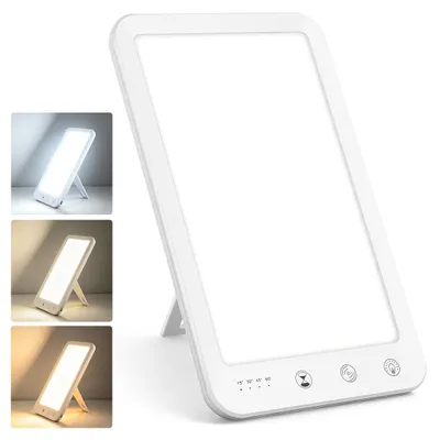 Image de Lampe de luminothérapie LED Ikodm, 10 000 lux, 3 couleurs de lumière, 5 niveaux de luminosité, 4 minuteries, contrôle tactile, port USB-C, pied réglable, idéale pour l'automne et l'hiver