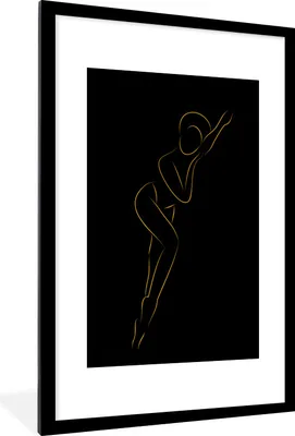 Produktbild von MuchoWow® Gerahmtes Poster Frau - Schwarz - Gold - Strichzeichnung 60x90 cm - Poster mit Schwarzem Bilderrahmen Wandposter Rahmen Foto Bilder - Dekoration - Wandposter Wohnzimmer - Hochwertig