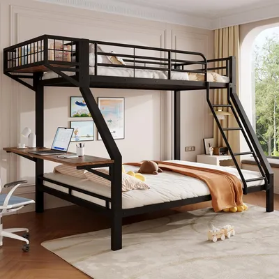 Obrázek produktu pro Patrová postel 90x200 / 140x200 cm se stolem, otevřenou úložnou zásuvkou, bezpečnostní zábranou a žebříkem, kov a MDF, černá barva