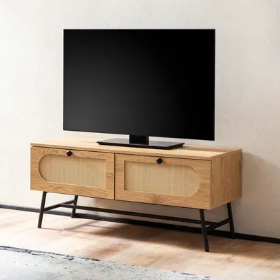 Zdjęcie produktu dla FineBuy Lowboard 100x45x40 cm Komoda pod telewizor z dekorem dębowym i rattanem Wysoka szafka pod telewizor z szufladami Stolik pod telewizor Szafka pod telewizor Komoda pod telewizor Salon
