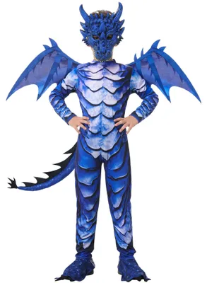 Immagine prodotto di Costume da drago per bambini, colore blu, taglia 4-8 anni, completo di ali, coda e maschera, ideale per Halloween