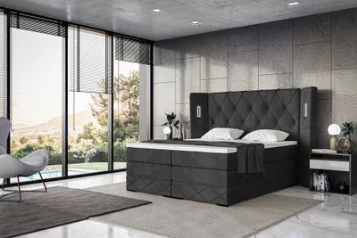 Produktbild von MEBLINI King Boxspringbett mit Bettkasten - Gepolstert Doppelbett mit Matratze und Topper - Polsterbett mit Stauraum - Bett mit LED Kopfteil - Stauraumbett - MANUEL - 180x200 - H3/Schwarz Samt