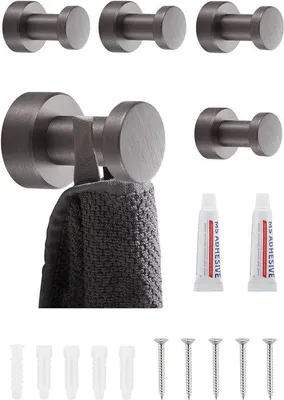 Produktbild von Famanu Wandhaken Set aus 5 Edelstahlhaken - grau, selbstklebend oder zur Wandmontage