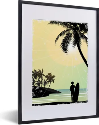 Produktbild von MuchoWow® MuchoWow® Gerahmtes Poster Strand - Surfbrett - Sonne - Palmen 30x40 cm - Poster mit zchwarzem Bilderrahmen - Wandposter Schlafzimmer
