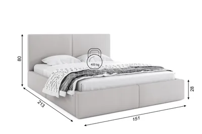 A light gray upholstered bed with pillows and a patterned blanket, shown with dimensions indicated.