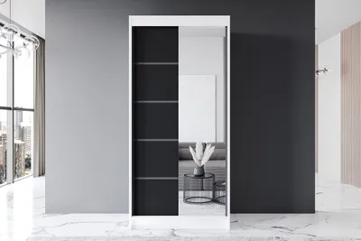 Produktbild von Easy4You P3 100 cm Weiß/Schwarz Schiebetüren Kleiderschrank 100x200x58 cm mit Spiegel - Schlafzimmermöbel, Aufbewahrung - Mehrzweckschrank