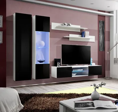 Produktbild von Designer Komplett Wohnwand Hänge Vitrine TV-Ständer Luxus Wand Regale Hochglanz