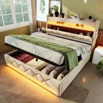 Immagine prodotto di Letto imbottito 140x190 cm, color beige, con spazio contenitore, porte USB e di tipo C, illuminazione LED, rivestimento in lino, cassone contenitore ad apertura idraulica e ripiano integrato nella testiera
