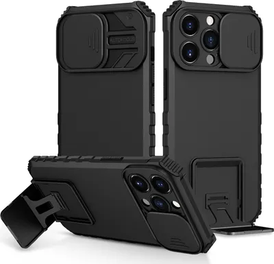 Immagine prodotto di Custodia per iPhone 15 Pro a doppio strato robusta, protezione militare con kickstand e protezione fotocamera scorrevole nera
