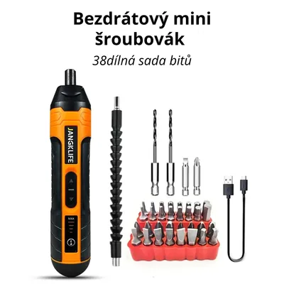 Obrázek produktu pro Bezdrátový mini šroubovák 3,6 V – 1300 mAh Li-Ion, 4 rychlosti, USB nabíjení, LED světlo, 38dílná sada bitů