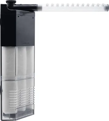 A black and clear corner filter for an aquarium, shown against a white background.