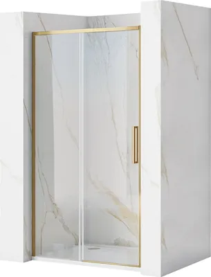 A shower door with a gold frame, set against a marble-patterned wall.