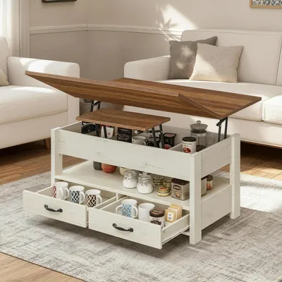 Produktbild von VASAGLE Couchtisch, Wohnzimmertisch, Gaszylinder, höhenverstellbar, viel Stauraum, Kaffeetisch, für Wohnzimmer, braun-weiß