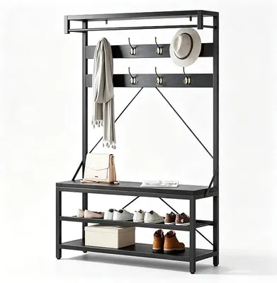 Imagen del producto de Armario para la entrada con banco, espacio para zapatos, estructura de metal y 8 ganchos