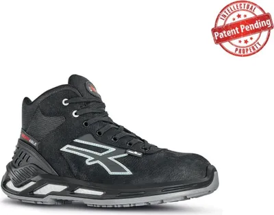 A black high-top safety shoe with a white and gray sole, shown against a white background. A red circular overlay with "Patent Pending" text is in the top right corner.