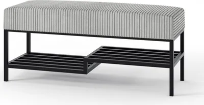 A bench with a striped upholstered seat and a black metal frame with two shelves for storage.