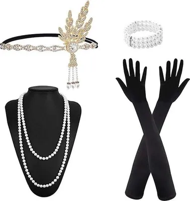 Immagine prodotto di Set di accessori "Flapper" anni '20 di Unyqoos® – 5 pezzi: fascia per capelli vintage rosa con piume, collana di perle, braccialetto, guanti di raso nero, orecchini