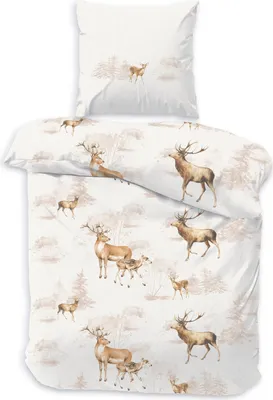 A bedding set with a deer motif, laid out flat with a pillow at the top and the duvet cover below.