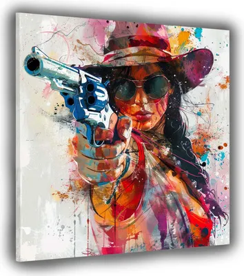 Produktbild von Frau Pop Art Gun Leinwandbild Wandbild Kunstdruck XL Wanddeko: 60x60x2cm