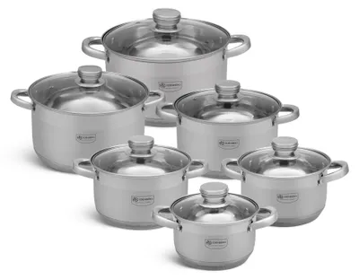 A set of six stainless steel pots with glass lids, arranged in a staggered formation on a white background.