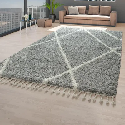 Produktbild von TT Home Teppich Hochflor Grau Wohnzimmer Shaggy Weich Fransen Skandi Look Rauten Muster Größe 60x100 cm