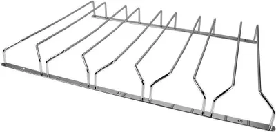 A silver metal rack with multiple parallel bars for holding glasses.