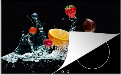 Produktbild von KitchenYeah© Herdabdeckplatte Wasser - Obst - Orange - Erdbeere - Kirsche - Schwarz , 81x52cm, Küche Deko, Glaskeramikkochfeld Herdabdeckung, Abdeckplatte fùr Kochfeld