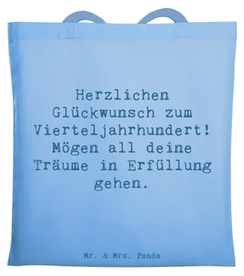 Produktbild von Mr. & Mrs. Panda Tote Bag Spruch 25. Geburtstag Freude - Sky Blue - Geschenk, Jutebeutel, Herzlichen Glückwunsch zum Vierteljahrhundert, Büchertasche, Happy Birthday