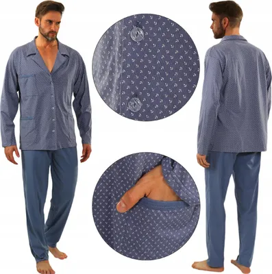 A man modeling a blue patterned pajama set, with close-up shots of the fabric and pocket.