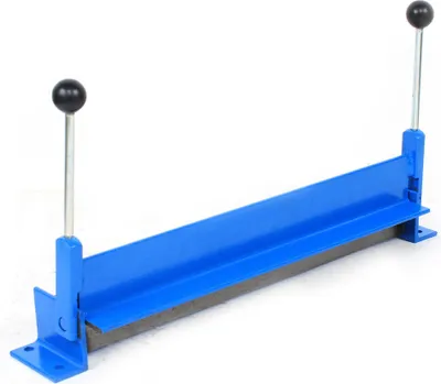 A blue metal sheet bending machine with black handles is shown against a white background.