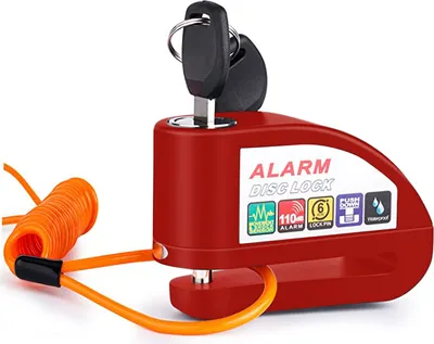 Produktbild von VINZ Elbroes Bremsscheibenschloss | Bremsscheiben Alarmschloss Locker Schloß Motorradschloss Rollerschloss | Alarm 110db Laute Sirene | ø6mm | Rot