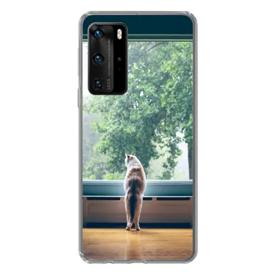 Produktbild von MuchoWow® Handyhülle Schutzhülle Hülle für Huawei P40 Pro Katze - Fenster - Pflanzen Silikon Softcase Handy Hülle - Schutz