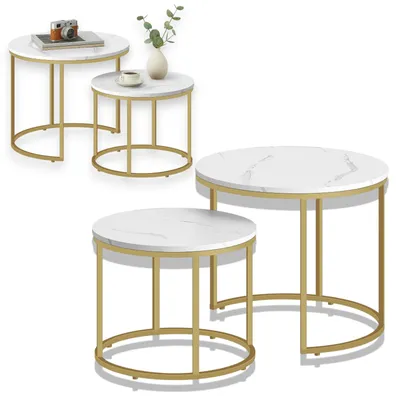 Produktbild von Couchitsch 2er Set Rund, Beistelltisch Metall Wohnzimmer 53 x 45 cm & 43 x 35 cm (Ø x H), Sofatisch Marmor Muster, Mulisoft, Runder Kaffeetisch, 2tlg.