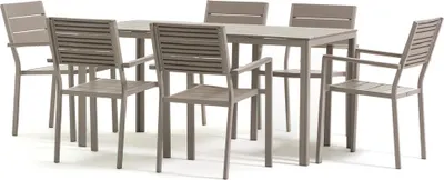 Immagine prodotto di Set da giardino con tavolo rettangolare 156×78 cm in acciaio e polietilene effetto legno e 6 sedie impilabili – design moderno, robusto e armonioso per terrazza, giardino e veranda – THOMAS + ADELE – Champagne