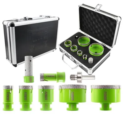 Obrázek produktu pro Sada diamantových vrtacích korunek, 8 kusů, 20-75 mm, pro vrtání do dlaždic, granitu, mramoru, suché vrtání, s frézou a adaptérem