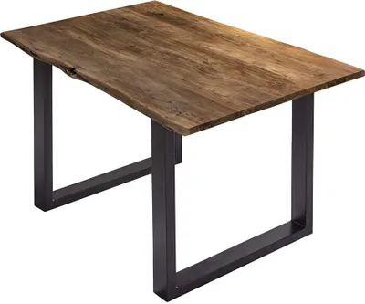 Produktbild von Esszimmertisch 100x70 cm Billy, echte Baumkante, Esstisch aus Akazienholz massiv + nussbaumfarben, Baumkantentisch mit U-Gestell Schwarz