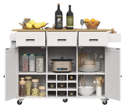 Immagine prodotto di Carrello da cucina con piano di lavoro, portasciugamani, ripiano per spezie, pieghevole, bianco, 104x39,5x91,5 cm