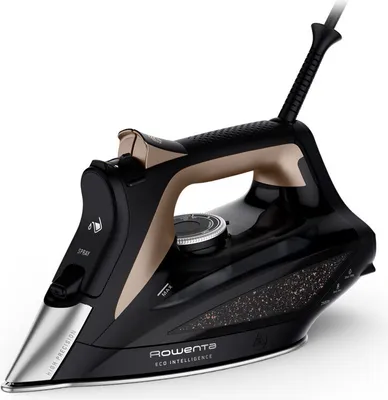 A studio shot of a black and gold Rowenta iron against a white background.