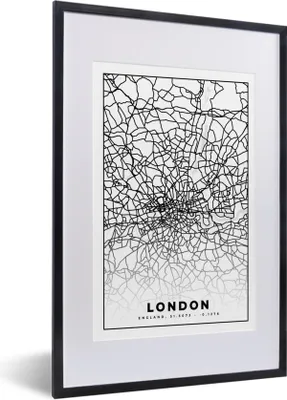 Produktbild von MuchoWow® Gerahmtes Poster London - Schwarz und weiß - Stadtplan - Karte 40x60 cm - Poster mit Schwarzem Bilderrahmen Wandposter Rahmen Foto Bilder - Poster in Rahmen