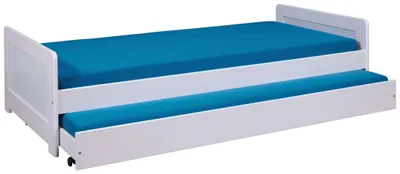 Sofabett SURF 90 x 200 Kiefer massiv weiß in Gesamtansicht mit ausgezogener Schublade und blauer Matratze.