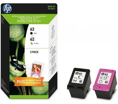 Imagen del producto de HP 62, paquete doble de cartuchos de tinta originales s/tricolor, rendimiento estándar, , cian, magenta, amarillo, tinta pigmentada, tinta a base de colorante, 2 unidades, 200 páginas.